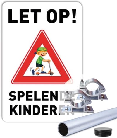 Bord Let op spelende kinderen - Weerbestendig Aluminium - 30x45 cm - Bevestiging: Met paal 150 cm + paalbeugels + paaldop