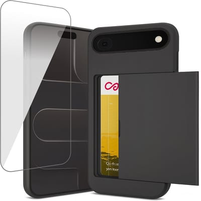 Hoesje met Pasjeshouder geschikt voor iPhone 17 Air - Screen Protector GlassGuard - Back Cover SlideCase Zwart & Screenprotector