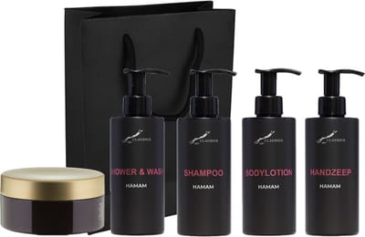 Compleet pakket Hamam - Shower & Wash + Shampoo + Bodylotion + Handzeep + Scrubzout 300 gram - 300 ml per fles - complete set van 5 stuks - met luxe gift tas - cadeau - giftset voor hem en haar - -