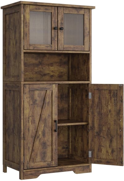 Badkamerkast met Glazen Deuren - 60x30x128cm - Vrijstaand Opbergkast met Verstelbare Planken en Lade - Buffetkast voor Woonkamer Eetkamer of Badkamer Organisatie - Bruin