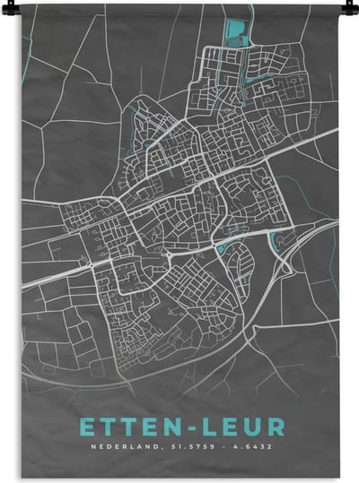 Wandkleed - Wanddoek - Stadskaart - Etten-Leur - Grijs - Blauw - 120x180 cm - Wandtapijt - Plattegrond