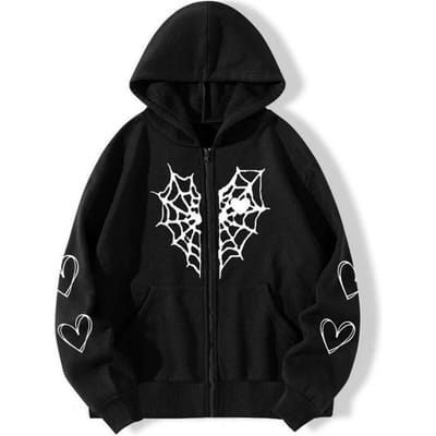 Rhinestone Cobweb Zip Up Oversized Sweatshirt 2023 Herfst Goth Hoodie Mannen Vrouwen Grunge Hooded Jacket Streetwear Y2k Kleding M black