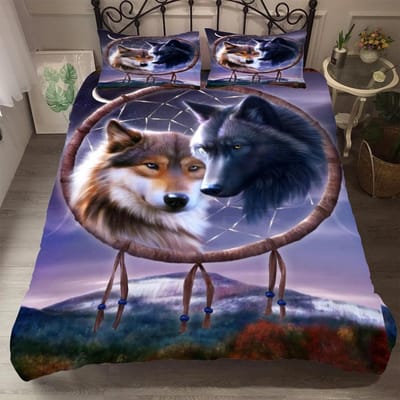 Bedlinnen Hoge Kwaliteit Zacht Fantastische Beddengoedset 3D Koppel Wolf Dekbedovertrekset Bed Dekbed Boheemse Stijl Dromenvanger Bed AU Double(180x210cm)