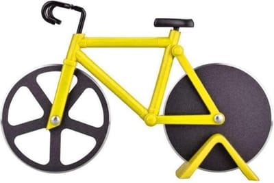 Pizzasnijder Fiets – fiets – Pizzames – Pizza roller – RVS – Pizzaschaar - geel