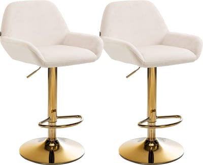 CLP Braga Set van 2 barkrukken - Met rugleuning - Met gouden frame - Verstelbaar - Fluweel - Velvet - creme