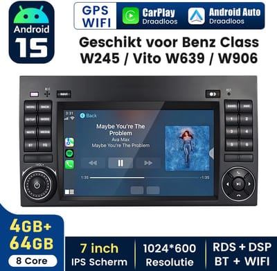 Hexinex 7" autoradio Geschikt voor Benz B200 W169 W245 W639 - Draadloos CarPlay, Android Auto, GPS Navi, Android-systeem, DAB+ multimediaspeler, 4+64GB