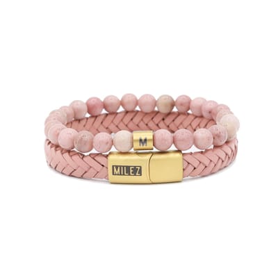 Milez - Armband set dames - armband dames leer kralen - Roze-Goud - Maat S