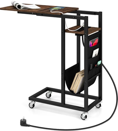 COSTWAY Bijzettafel C-vormig met laadstation, banktafel met uittrekbaar tafelblad en zijvak, salontafel met wieltjes, koffietafel, industrieel voor woonkamer, slaapkamer (bruin)