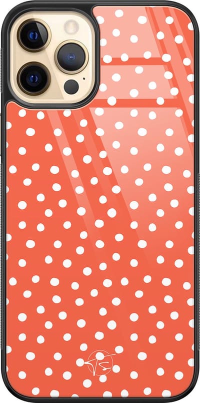 Hoesje geschikt voor iPhone 12 - Oranje stippen - Luxe Hard Case - Gestipt - Oranje - Mooie Telefoonhoesjes