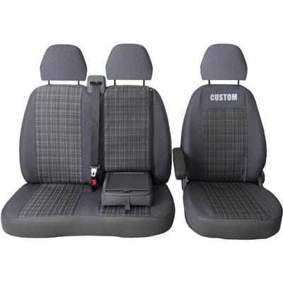 PREMIUM Autostoelhoes Set - Op maat gemaakt voor Ford Transit Custom vanaf 2024 - 3-persoons (2+1) - Met Toegang tot Tafel - Hoogwaardige Bekledingsstof - Zwart/Grijs