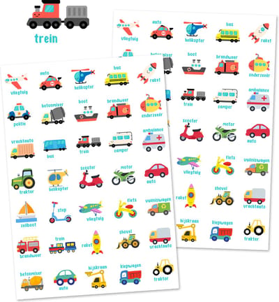 Voertuigen Stickers met Woorden - 2 Stickervellen - 70 Stickers voor Kleuters & Kinderen