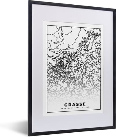 Fotolijst incl. Poster Zwart Wit- Frankrijk - Plattegrond - Grasse - Stadskaart - Kaart - Zwart wit - 30x40 cm - Posterlijst