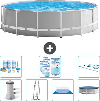 Intex Rond Prism Frame Zwembad - 457 x 122 cm - Grijs - Inclusief Pomp - Ladder - Grondzeil - Afdekzeil Onderhoudspakket - Filters - Schoonmaakset