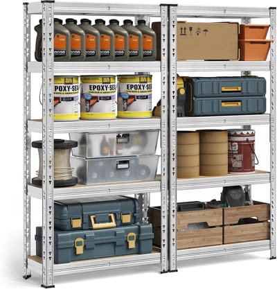 SONGMICS Heavy-Duty opbergplanken, set van 2, garagestelling, 30 x 75 x 150 cm, ondersteunt tot 875 kg, eenvoudige montage, opbergrek, verstelbare planken, zilver GLR451E01