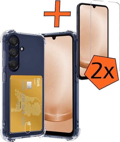 Hoes - Geschikt voor Samsung Galaxy A25 - Met 2x Screenprotector - Pashouder - Kaarthouder - Telefoon Hoesje Shockproof - Siliconen Case - Back Cover - Shock Proof - Pasjes Houder - Transparant