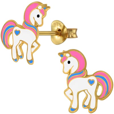 Joy|S - Zilveren eenhoorn oorbellen - 10 x 13 mm - pony oorknoppen - unicorn - gold plated