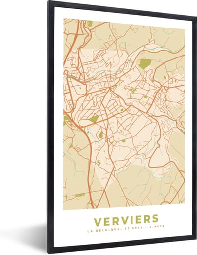 Fotolijst incl. Poster - Stadskaart - Kaart - Plattegrond - Vintage - Verviers - 40x60 cm - Posterlijst
