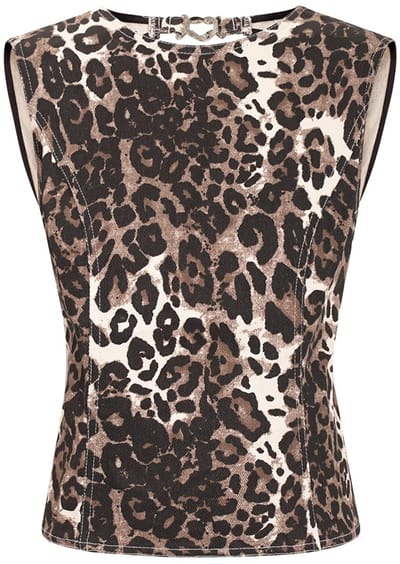 Gimme - Leopard Print Cotton Top – Mouwloze Katoenen Top – Eigentijds Geweven Shirt met Luipaardprint - Bruin - Maat L