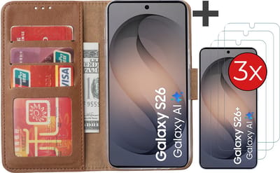 Hoesje met 3 Stuks Screenprotectors Geschikt voor Samsung Galaxy S26 – Arara bookcase met pasjeshouder - Bruin