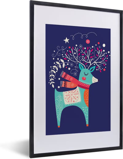 Fotolijst incl. Poster - Rendier - Kerst - Winter - Kerstversiering - 40x60 cm - Posterlijst - Kerstmis Decoratie - Kerstversiering - Kerstdecoratie Woonkamer - Kerstversiering - Kerstdecoratie voor binnen - Kerstmis
