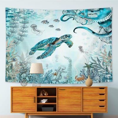 Tapisserie Tortue de Mer Poulpe Bleu Turquoise Océan Tapisserie Murale Pour Chambre à Coucher, Animal Sous-marin Coquillage Méduse Littoral Nautique 70x100CM white