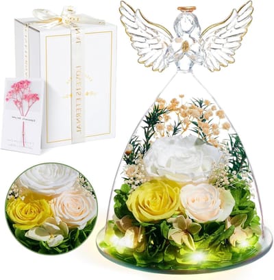 Eeuwige Roos - Bewaarde Bloem - Decoratie - Met Engel - 14x14x20.5 cm - Wit