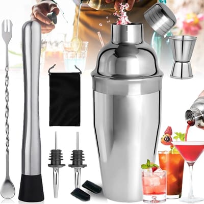 Cocktail set - 7-delige cocktail shaker - TENZHVXI® - 750 ml cocktailshaker, bartenderkit, lepel, muddler, dubbele maatbeker, puree, druppelaar - Voor thuis- en professioneel gebruik - Duurzaam en gemakkelijk schoon te maken - RVS - Zilver