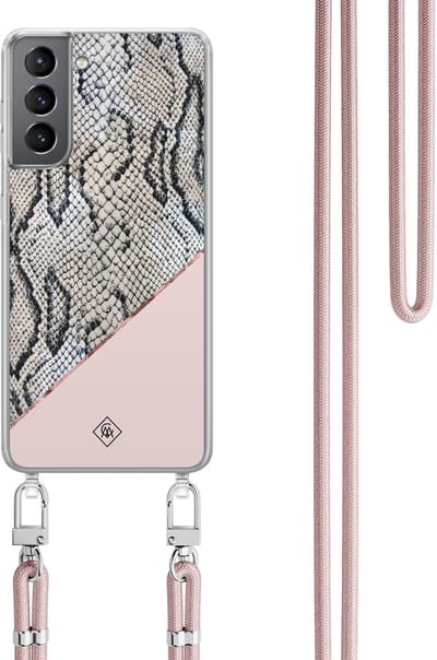 Casimoda® hoesje met rosegoud koord - Geschikt voor Samsung S21 Plus - Snake Print - Afneembaar koord - TPU/polycarbonaat - Roze