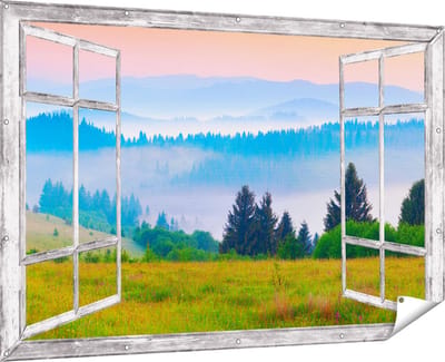 Gards Tuinposter Doorkijk Mistige Heuvel Landschap met Bossen - 180x120 cm - Tuindoek - Tuindecoratie - Wanddecoratie buiten - Tuinschilderij