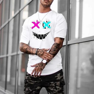 Populair Trendy Merk T-shirt met Ronde Hals en Korte Mouwen Heren Zomer Los Casual Veelzijdig Bedrukt Korte Mouwen Simpel S white