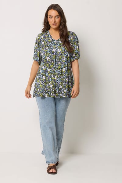 Yours Navyblauwe En Groene Top Met Bloemenprint En Plooien Aan De Voorkant Size 44