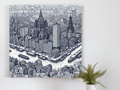 Doodle rotterdam schilderij | Kriskras door Rotterdam: een kunstwerk van doedels en lijnen | Kunst - 100x100 centimeter op Canvas | Foto op Canvas