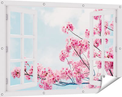 Gards Tuinposter Doorkijk Roze Bloesemboom - Bloemen - 120x80 cm - Tuindoek - Tuindecoratie - Wanddecoratie buiten - Tuinschilderij
