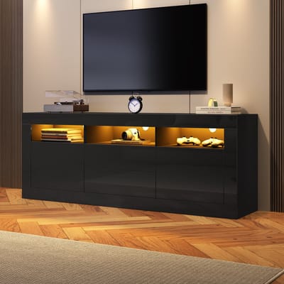 Wishdor Tv-Meubel - Hoogglans Front - Led-Verlichting Met App - 3 Open Vakken - 2 Deuren En 2 Lades - Spaanplaat - Zwart - 160 x 35 x 60 cm