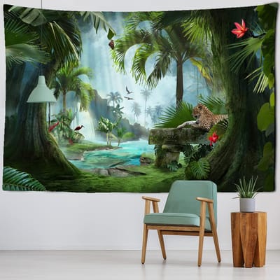 Natuurlijke plant Wandtapijt Muurhanger Dierenkunst Decoratief Hippie Boheems Tapijt Lucht Achtergronddoek 95x70CM white