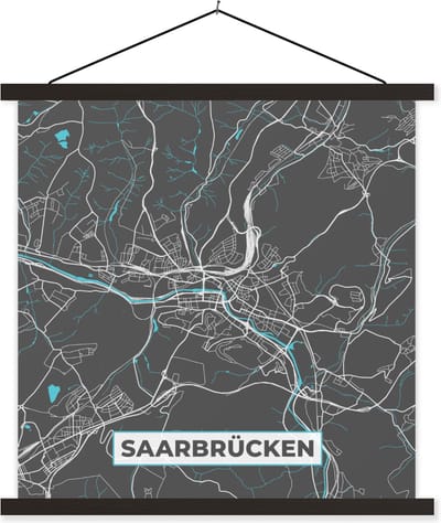 Posterhanger incl. Poster 40x40 cm - Schoolplaat - Blauw – Duitsland – Plattegrond – Stadskaart – Kaart – Saarbrücken - Textielposter - Zwarte latten - Stadskaart