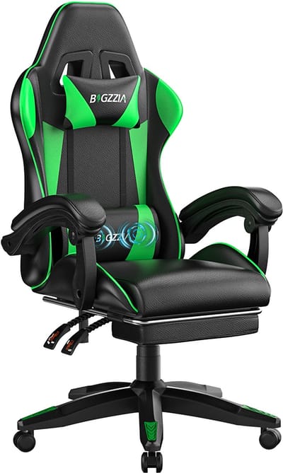 BIGZZIA Gamingstoel - Ergonomische gamestoel - Lendenkussen met massagefunctie - Hoofdsteun en voetsteun - 90°-135° verstelbaar - In hoogte verstelbaar - Draagvermogen 136 kg - Zwart en Groen