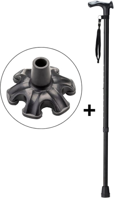 Wandelstok Zwart Rechts met anatomisch comfort handvat en polsbandje - Loopstok - Verstelbaar 75 - 97 cm - Lichtgewicht - Incl. 6-poot stokdop