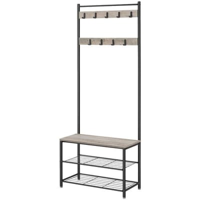 Ochama Kapstok, Halboom met Schoenopbergbank, 32 x 70 x 177 cm, Industrieel, Greige en Zwart