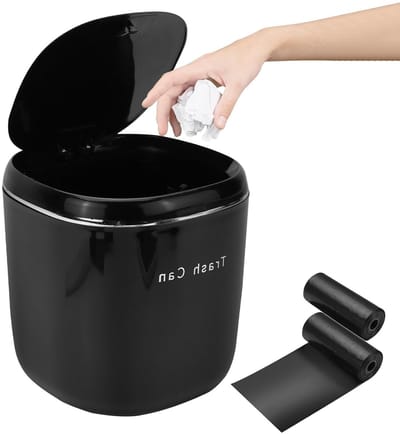 Kleine prullenbak met pop-up deksel voor tafelgebruik, zwart, 2,5 liter, ideaal voor slaapkamer en badkamer, inclusief 2 rollen vuilniszakken
