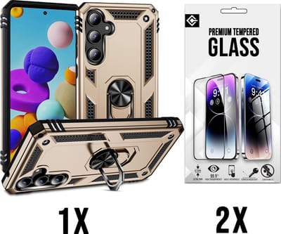 Casemania Hoesje Geschikt voor Samsung Galaxy A55 - Goud - 2X Glazen Screenprotector - Anti-Shock Hybrid Armor Back Cover - Hoes met Kickstand Ring