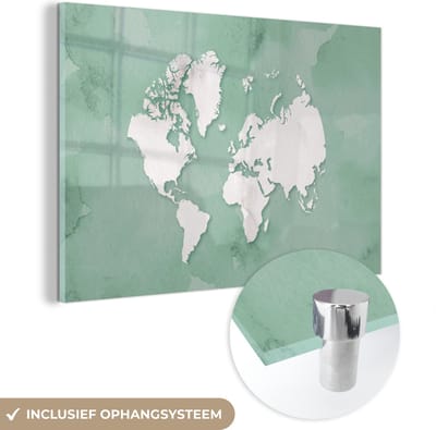 ® Glasschilderij 150x100 cm - Schilderij acrylglas - Wereldkaart - Groen - Waterverf - Foto op glas - Muurdecoratie woonkamer - Wanddecoratie slaapkamer - Schilderijen