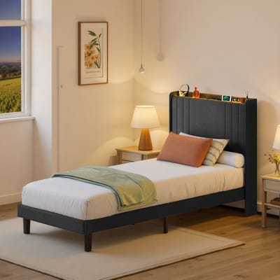 Bealife BF28 Bed - 90 x 200 cm - LED-verlichting - Opbergbaar hoofdeinde en lattenbodem - Donkergrijs