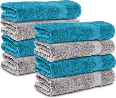 Komfortec 8x Handdoek 70x140 - 100% Katoen – Handdoekenset - Zacht - Zilver/Turquoise
