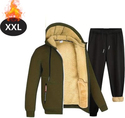 Bovista Thermokleding Heren - Thermobroek - Thermoset Fleece - Met Capuchon - Thermolegging - Winter - Thermojack - Legergroen - XXL