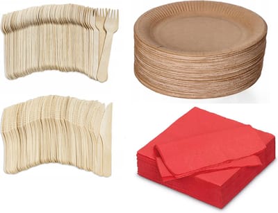 400 x stuks x Houten wegwerp bestek set bio/eco/milieubewust - 100 Vorken/ 100 messen/100 borden + 100 bio servetten rood 33x33cm