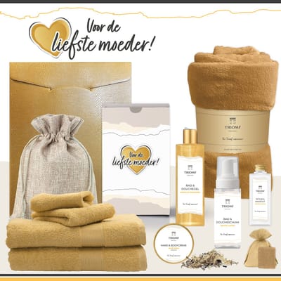 Geschenkset “Voor de liefste moeder!” - 11 producten - 1660 gram | Triomf Original - Giftset voor haar Cadeau Moederdag Luxe Wellness Pakket Vrouw Speciaal Cadeaupakket Bedankt Geschenk Lieve Mama Verjaardag Kerst Kerstpakket Gift Set Goud Geel