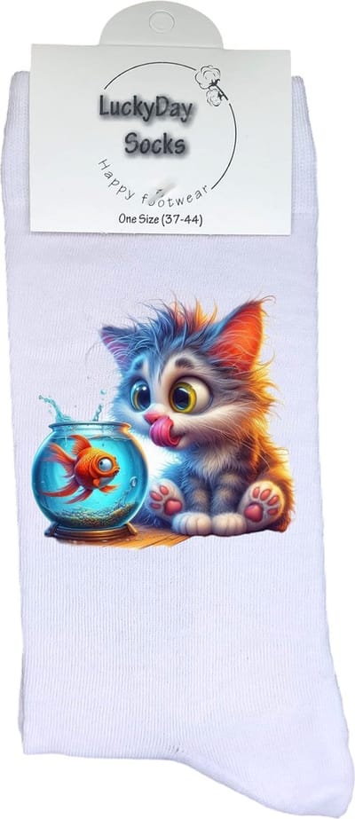 Kitten - Opkikker - Grappige sokken - Valentijns cadeau - Verjaardag cadeau - Grappig - Leuke sokken - Vrolijke sokken - Vissenkom - Kerst Sokken - Vaderdag - Moederdag - Kerstcadeau - Socks die Happy maken - 37-44