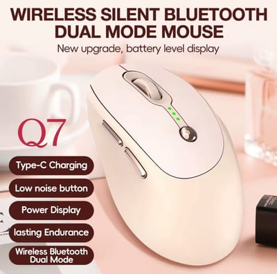 Draadloze Bluetooth Muis Oplaadbaar – USB-C Snelladen – Dual Mode 2.4G + Bluetooth 5.0 – Stille Klik – Instelbare DPI (800/1200/1600) – Ergonomisch Design – Beige