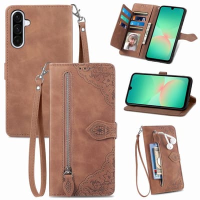 Telestore - telefoonhoesje geschikt voor Samsung Galaxy A26 5G / A17 / A16 - Portemonnee met rits - book-case hoesje - ruimte voor 7 pasjes - mandala bloemen bruin